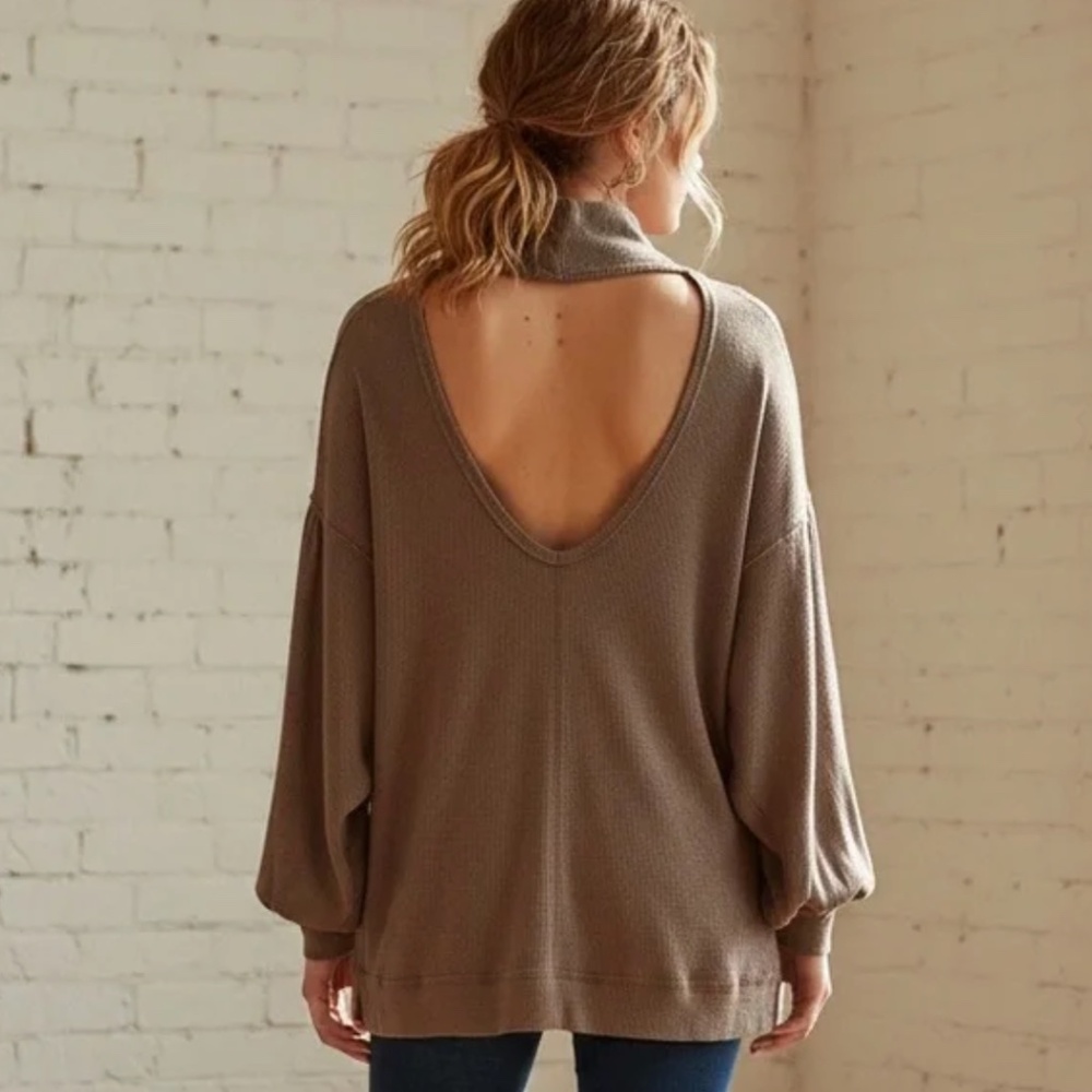 Free People Winnie Turtle Neck Cutouts Back Ribbed Tunic Top in Brown Size Small